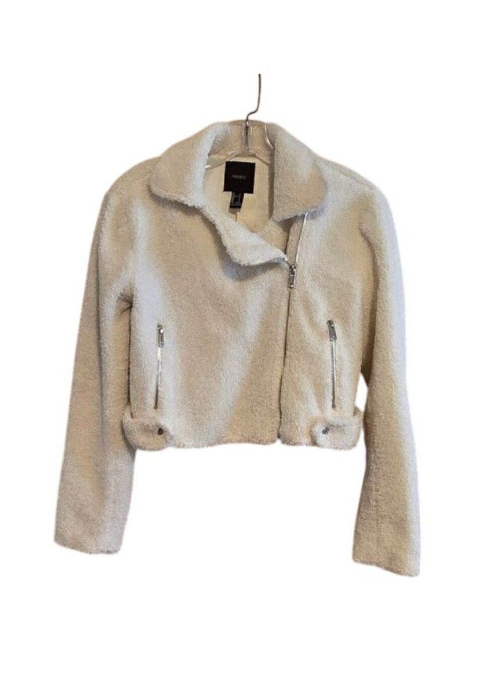 Forever 21 White Faux Sherpa Cropped Jacket With Zippers Women’s